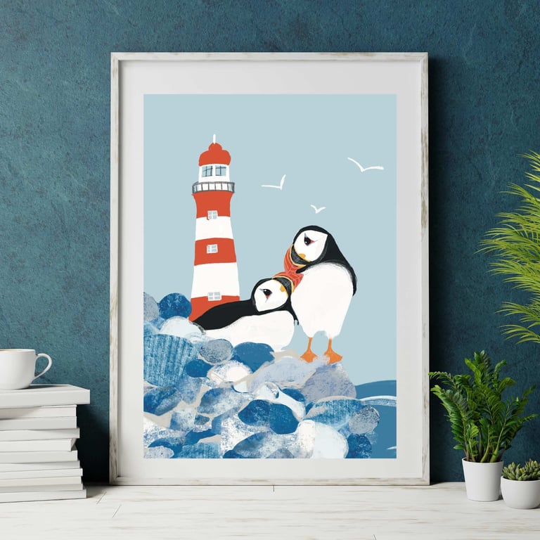 Art print puffin lighthouse coastal