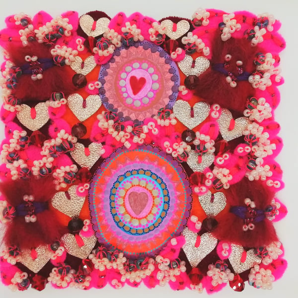 Heart Art, Love Wall Decor, Miniature Unframed Pink and Maroon Textile Artwork