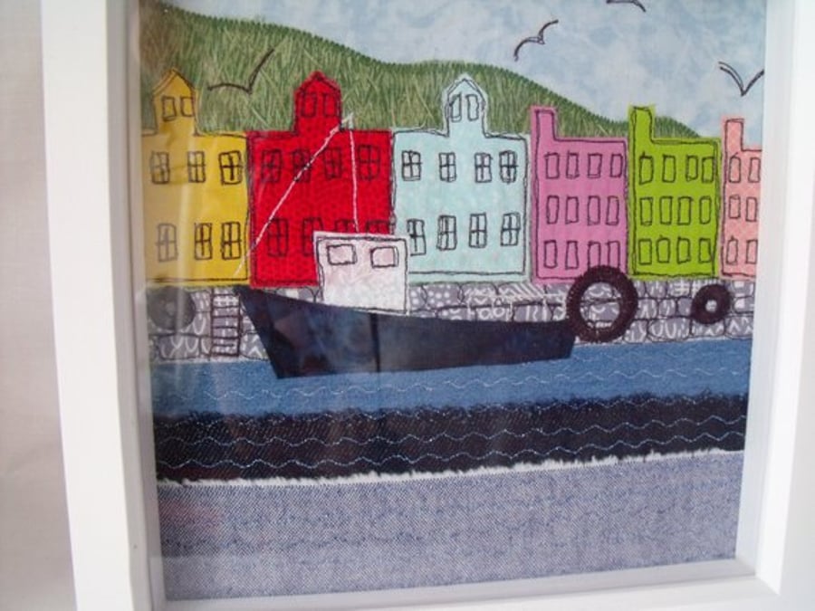 Tobermoray harbour applique wall art, scottish fabric collage picture