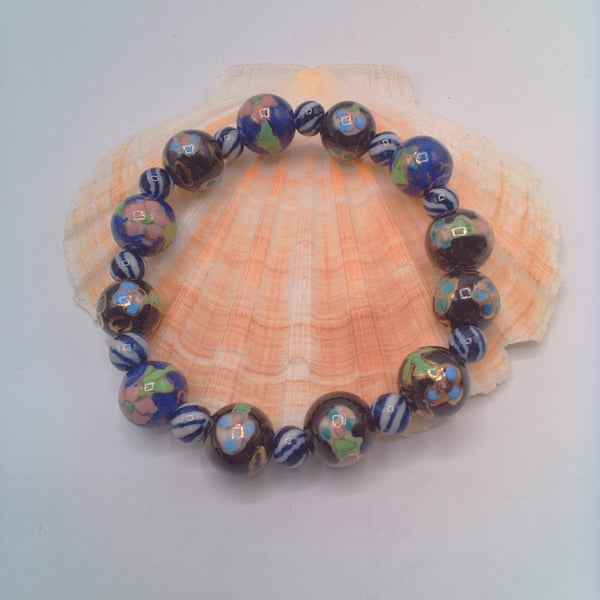 Floral Patterned Blue & Black Ceramic Bead Stretch Bracelet, Gift for Her