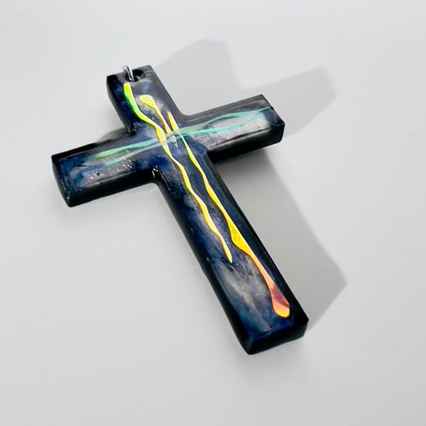 Dichroic Resin Cross Pendant: Iridescent Rainbow Blue Silver Crucifix Necklace