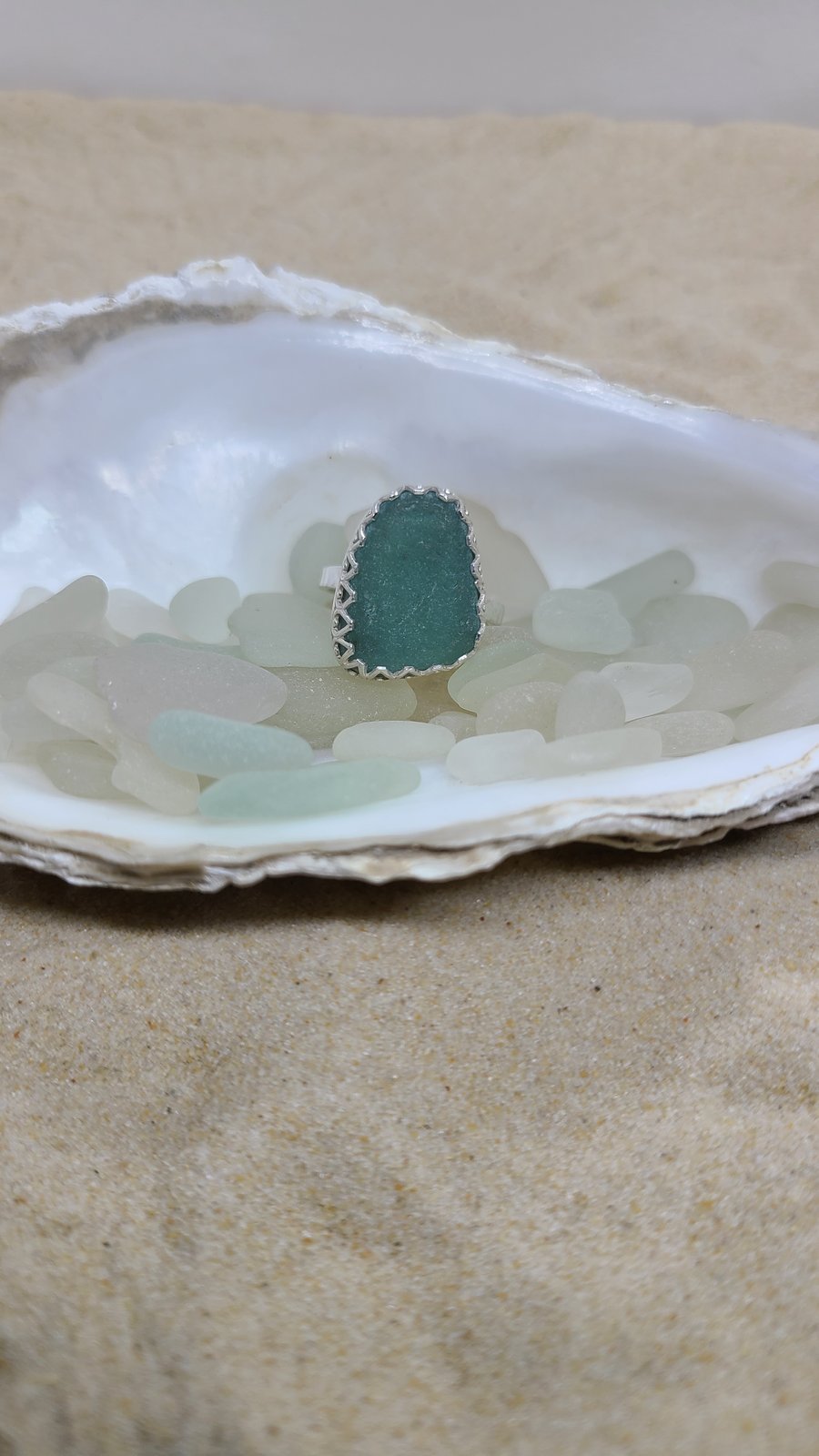 Light teal grey sea glass and silver ring 