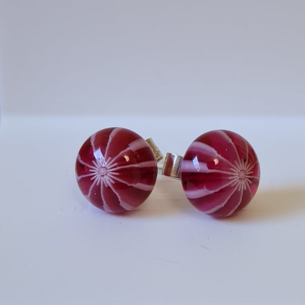Fused glass dark pink stud earrings