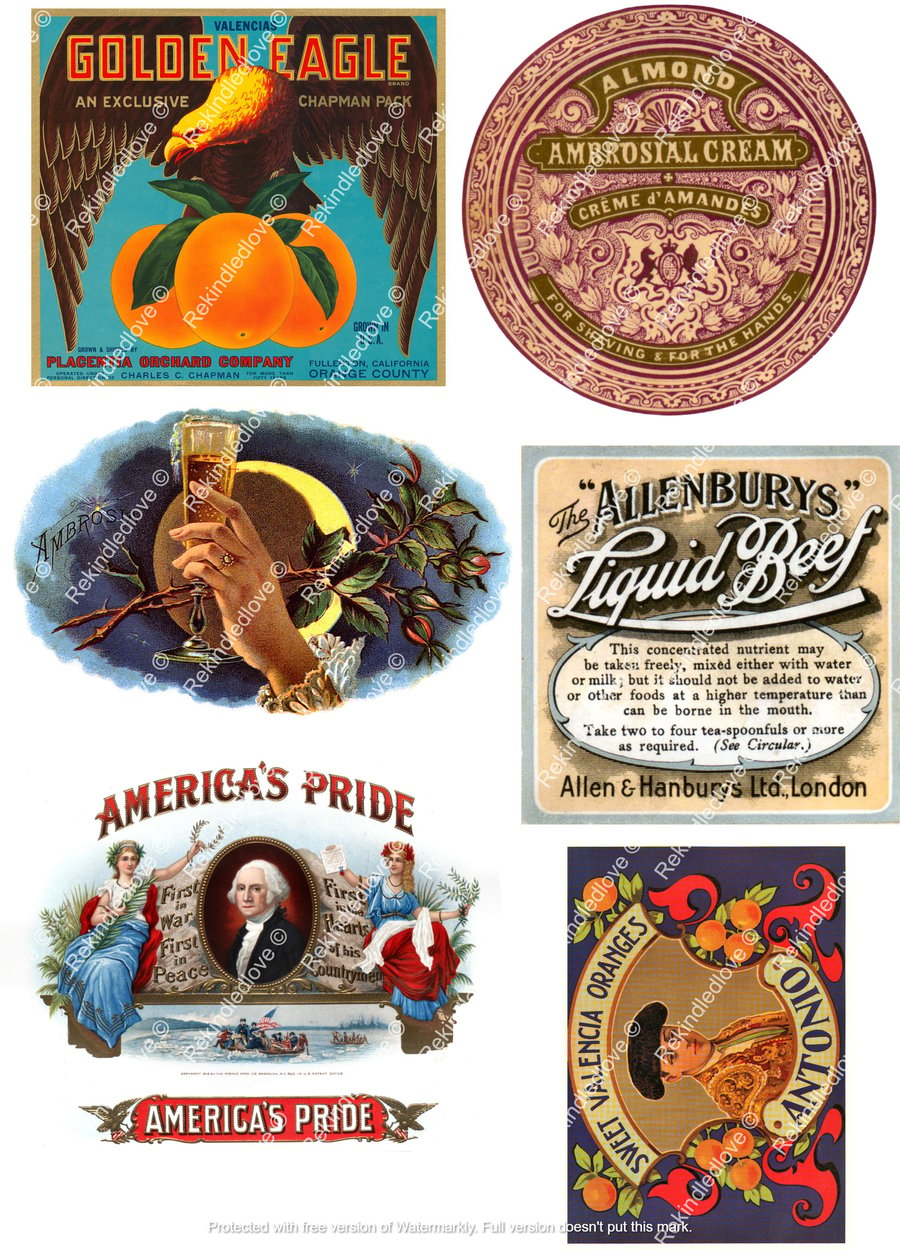 A4 Set Of 6 Vintage American Advert Stickers-for scrapbooks, journals & tags.