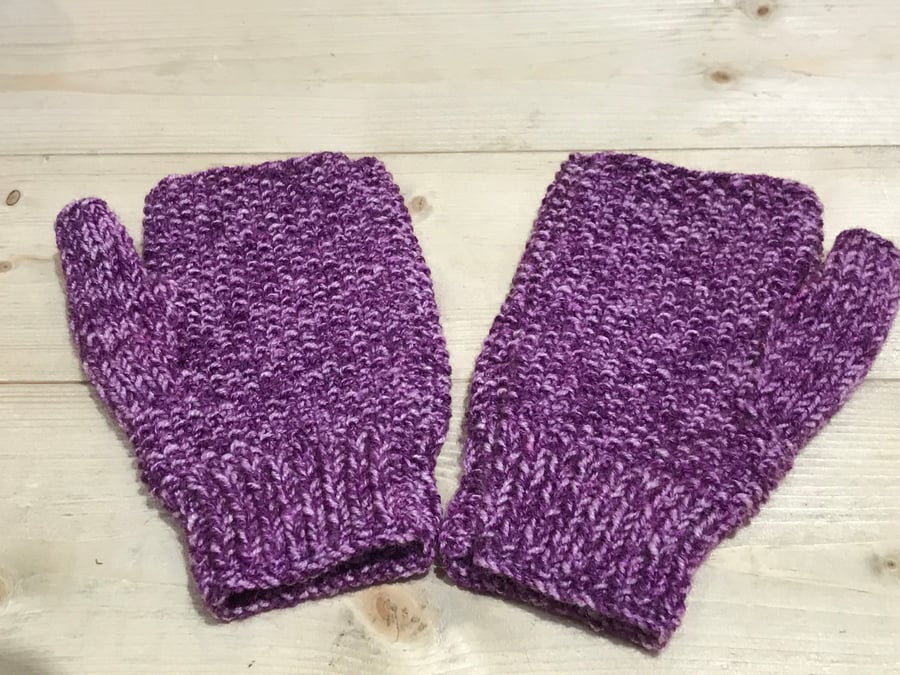 Hand Knitted Purple Fingerless Mittens 