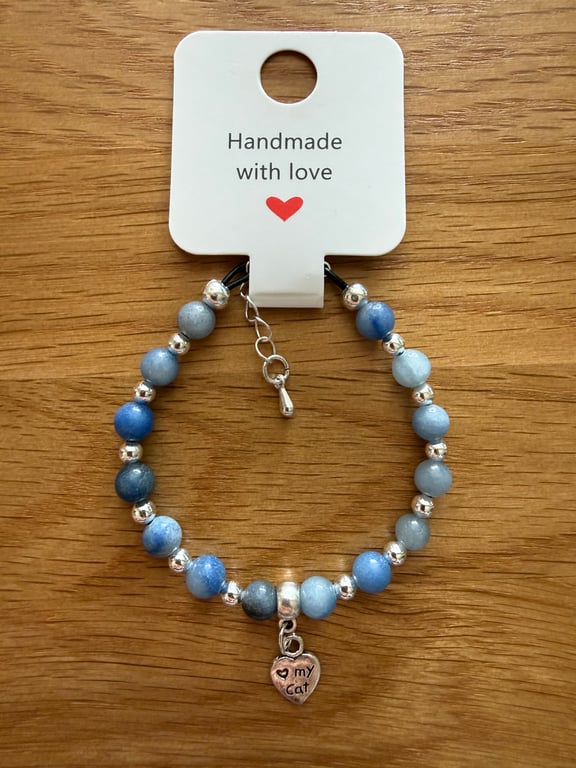 Blue Aventurine bracelet with ‘love my cat’ charm