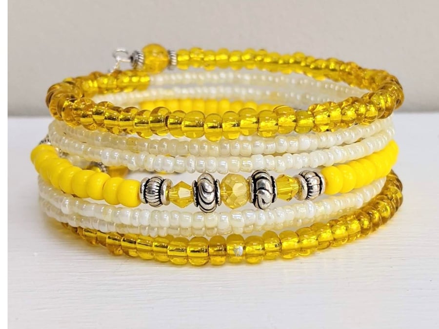 Memory Wire Bracelet in Sunshine Yellow, Beaded stacked Cuff Bangle