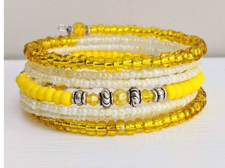 Memory Wire Bracelet in Sunshine Yellow, Beaded... Folksy