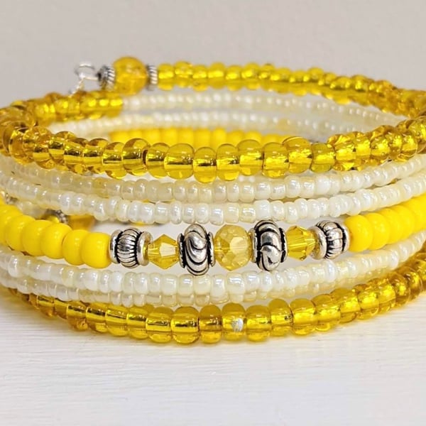 Memory Wire Bracelet in Sunshine Yellow, Beaded stacked Cuff Bangle