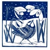 A freshly printed linocut card featuring snowdrops and a Great Tit