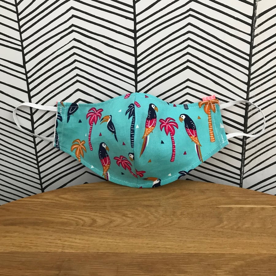 Parrots Face Mask 100% Cotton Fabric Washable and Re-usable Child to Adult Sizes