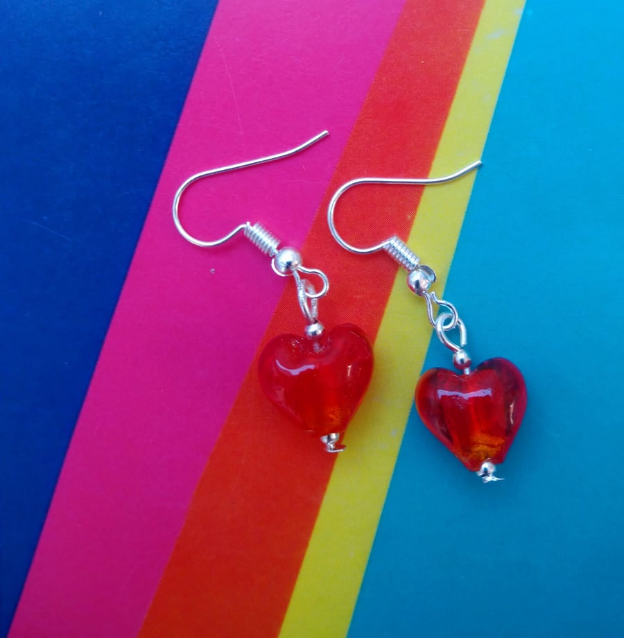 Shimmery Red Glass Heart Earrings