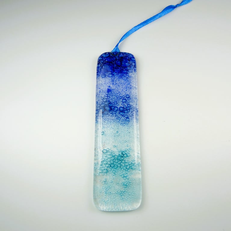 Blue and turquoise bubble fused glass suncatcher, handcrafted, 3x12cm (0129)