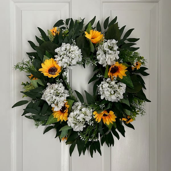 Yellow Floral Front Door Wreath with Sunflowers and Hydrangeas