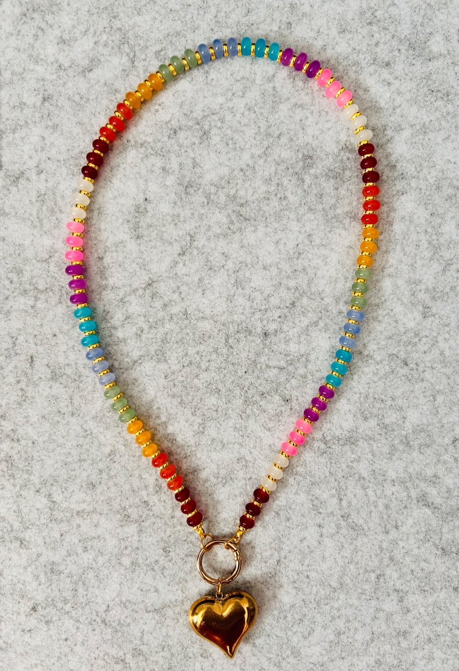 Colourful beaded necklace with heart pendant 
