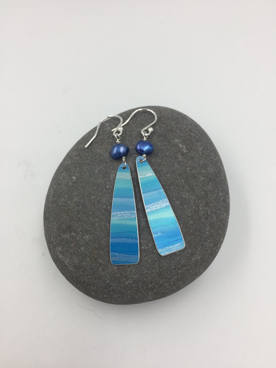 Seascape blue, silver and turquoise anodised aluminium earrings 