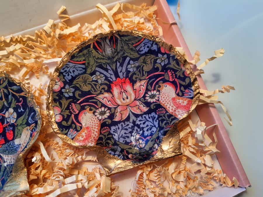 Decoupaged Scallop shells. Partridges in a floral tree with berries.