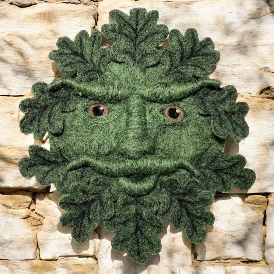 Green man with oak leaves, woollen sculpture, wall hanging, needle felted 