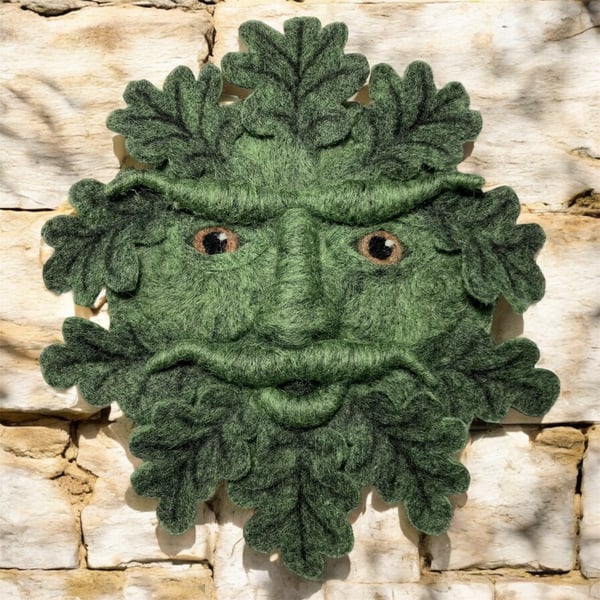 Green man with oak leaves, woollen sculpture, wall hanging, needle felted 