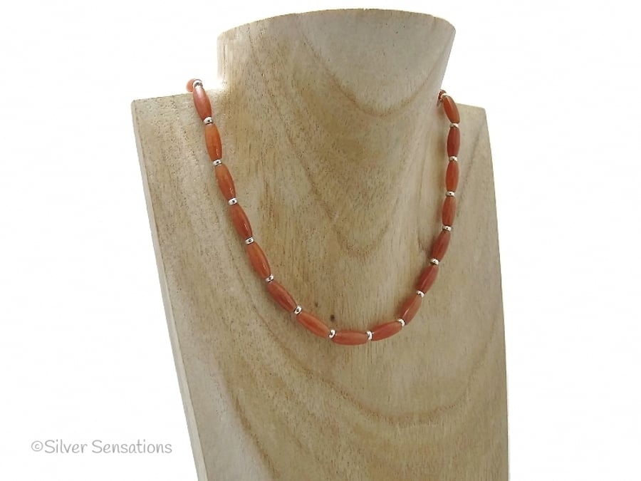 Dark Orange Red Aventurine Rice Beads & Sterling Silver Slim Necklace
