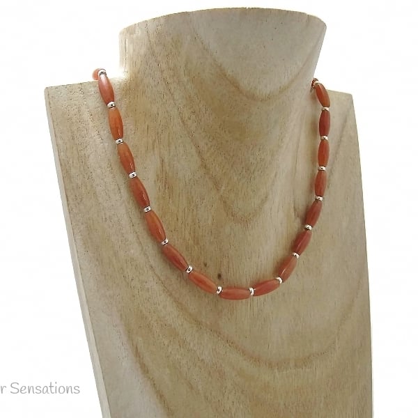 Dark Orange Red Aventurine Rice Beads & Sterling Silver Slim Necklace