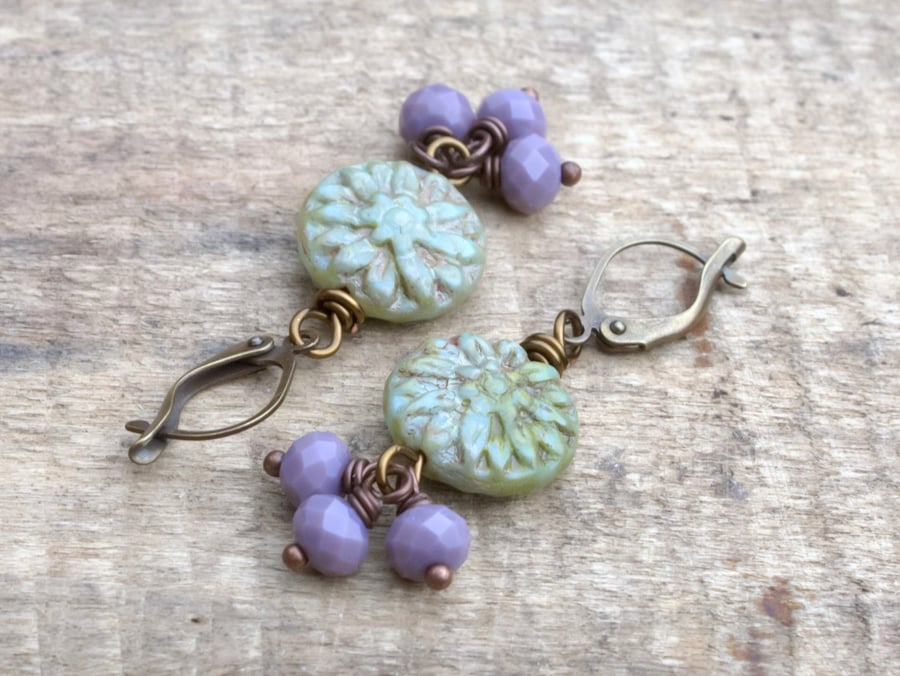 Lavender & Green & Dahlia Flower Earrings. Rustic Czech Glass Earrings