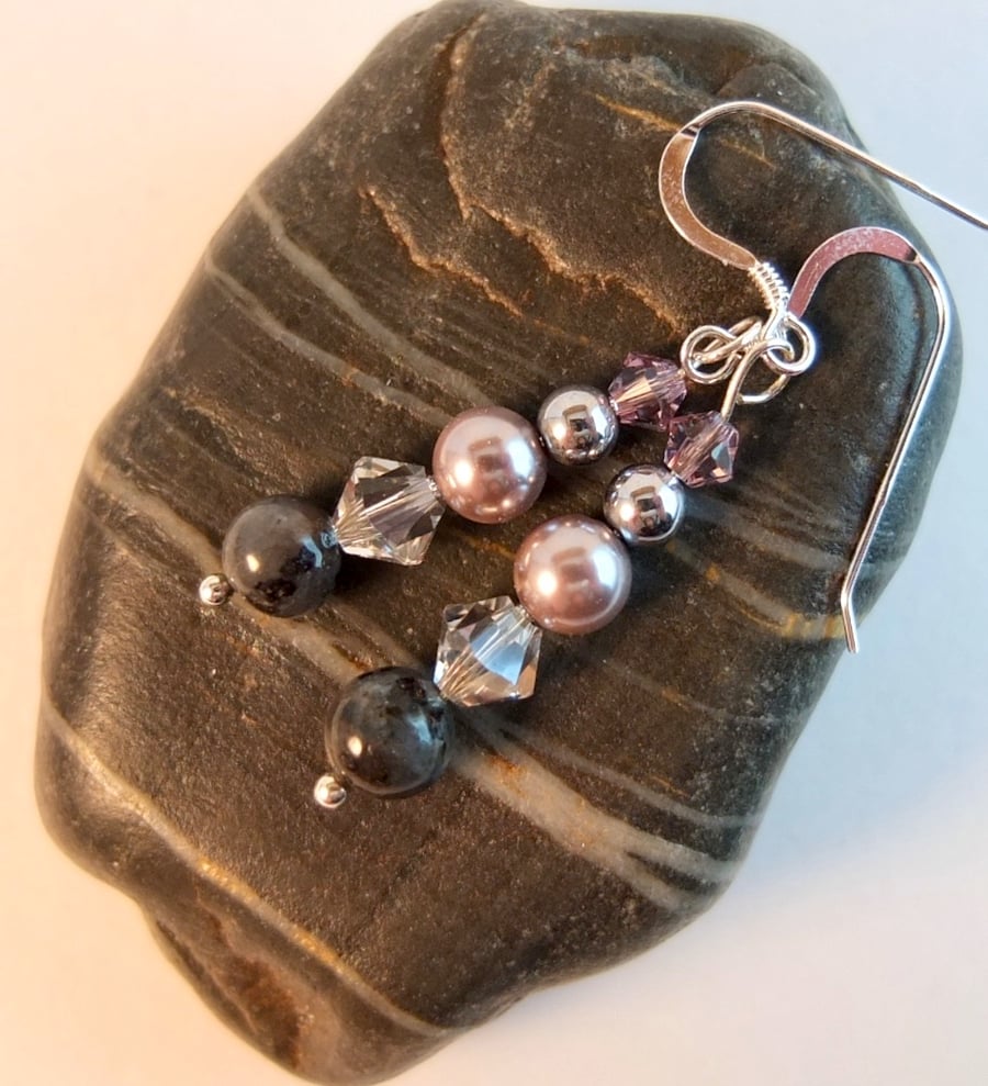 Shell Pearl, Larvikite, Swarovski Crystal And Silver Hematite Earrings.