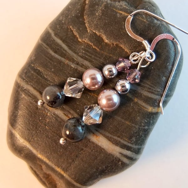 Shell Pearl, Larvikite, Swarovski Crystal And Silver Hematite Earrings.
