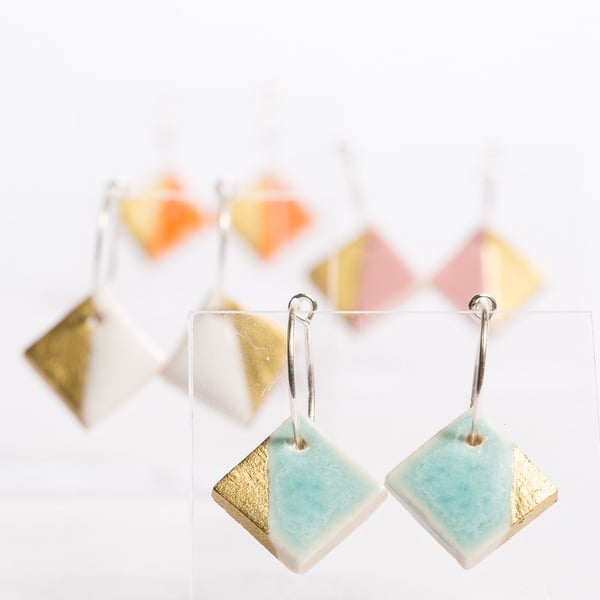 Porcelain Square Turquoise Hoop Earrings 