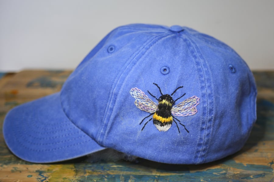 Bee hand embroidered on blue cotton baseball cap