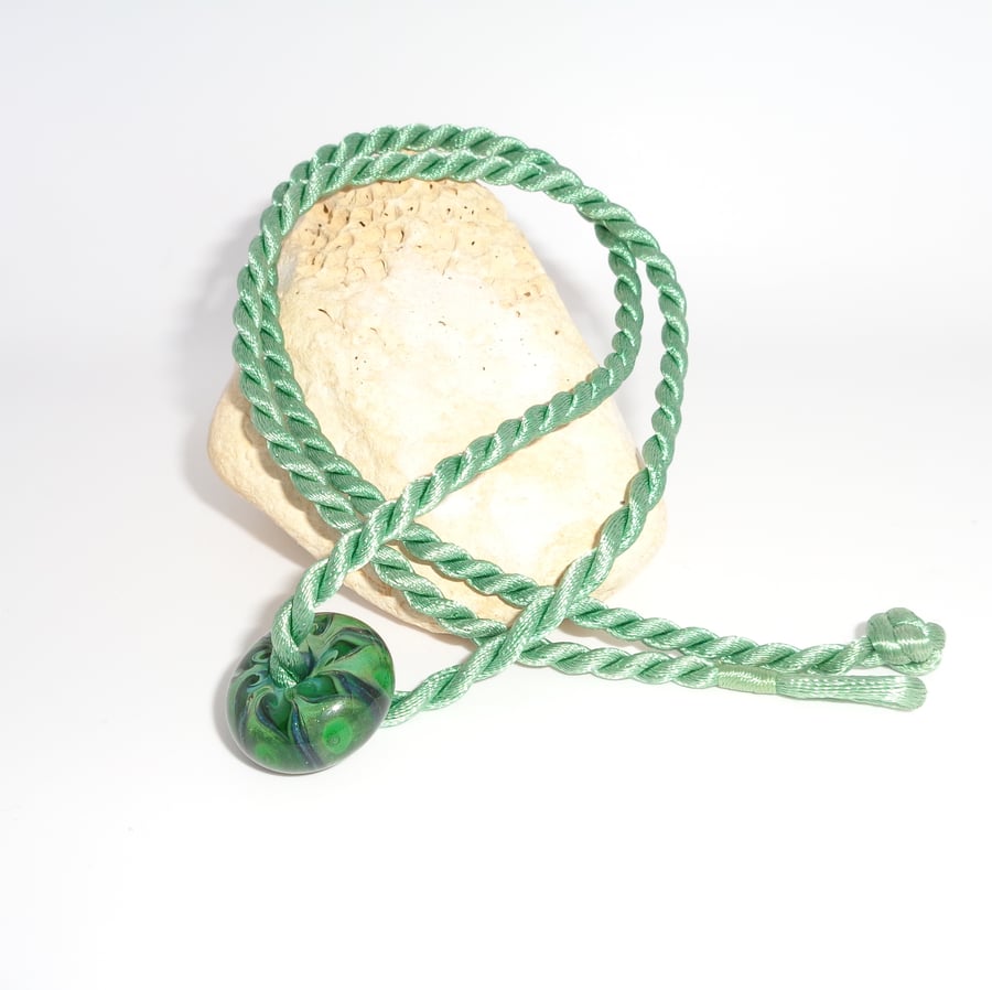 Lampwork glass green single bead on silky cord metal free pendant