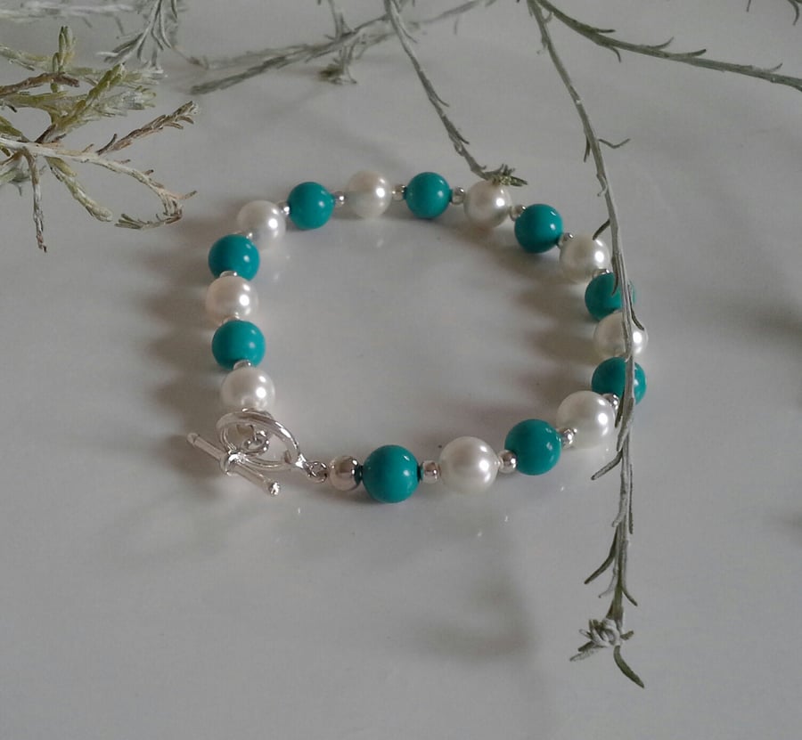 Turquoise (Reconstituted), Shell Pearl Silver Plate Bracelet (SMALL)
