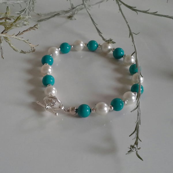 Turquoise (Reconstituted), Shell Pearl Silver Plate Bracelet (SMALL)