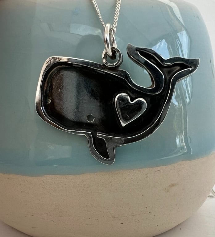 Sterling Silver Sperm Whale with a Fine SIlver Heart - perfect for whale lovers