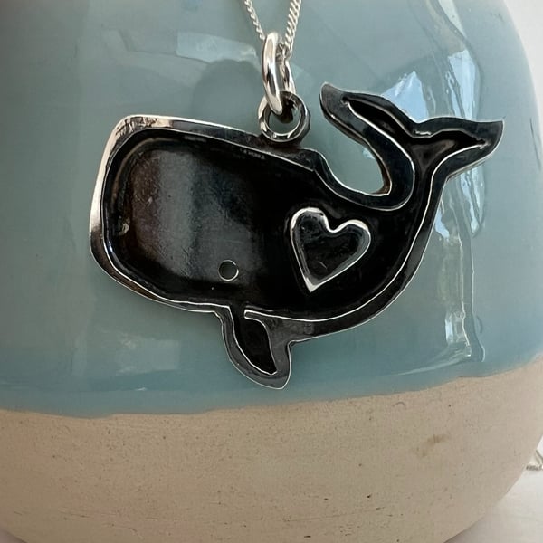 Sterling Silver Sperm Whale with a Fine SIlver Heart - perfect for whale lovers
