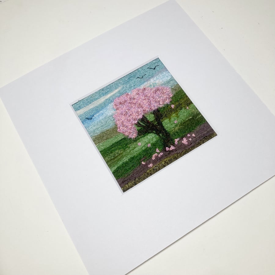 Silk textile art picture, Spring blossom, with 8" x 8" mount