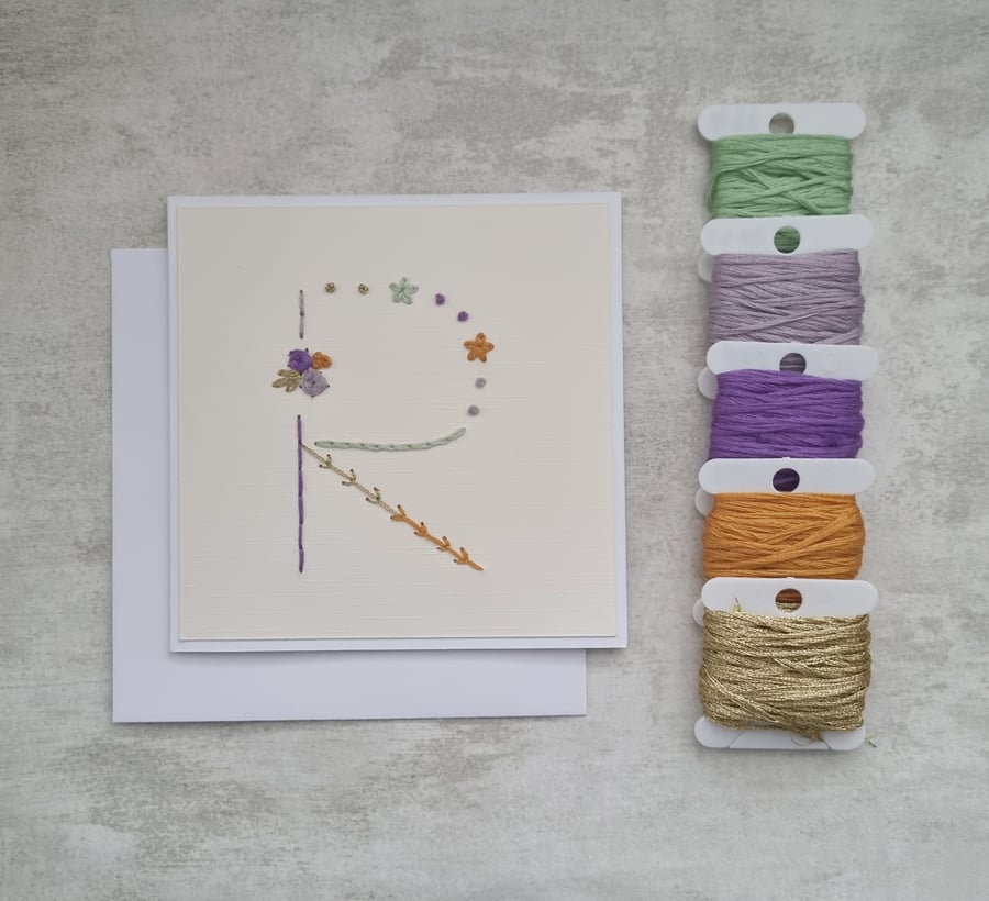 Letter R Embroidered Card, Personalised Bridesmaid Card, Birthday Keepsake Card