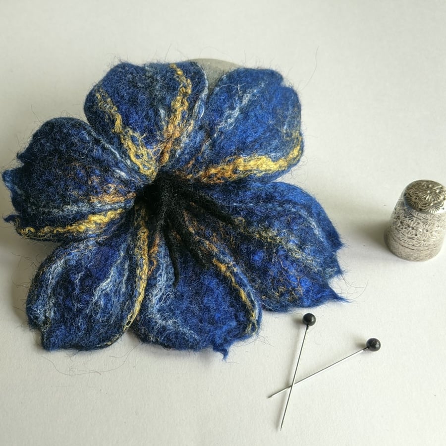 Large felted flower brooch - french navy and gold