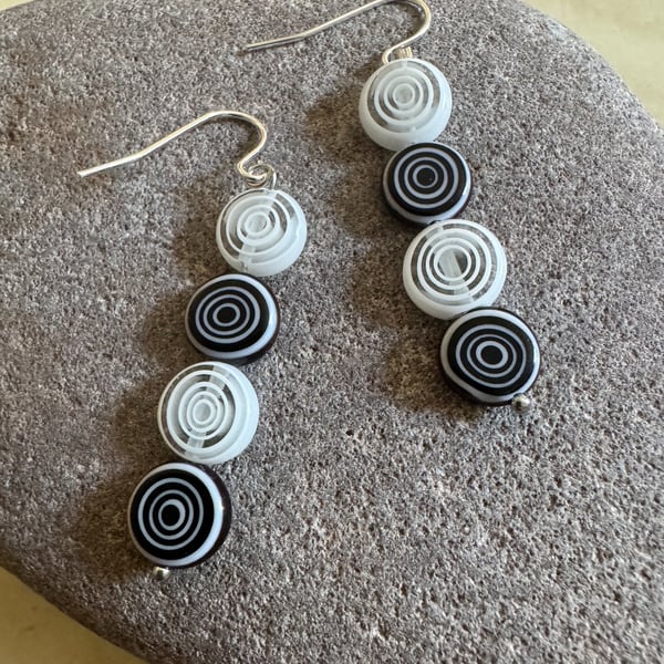 Handmade millefiori glass spiral BoHo dangle bead earrings