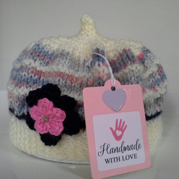 Hand Knitted Baby Girl's Soft Ruffle Flower Hat  0- 6 months (Help for Charity)