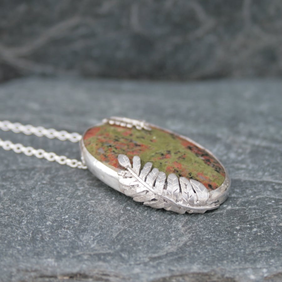 Silver fern necklace, Scottish gemstone necklace, Lewisian Gneiss necklace