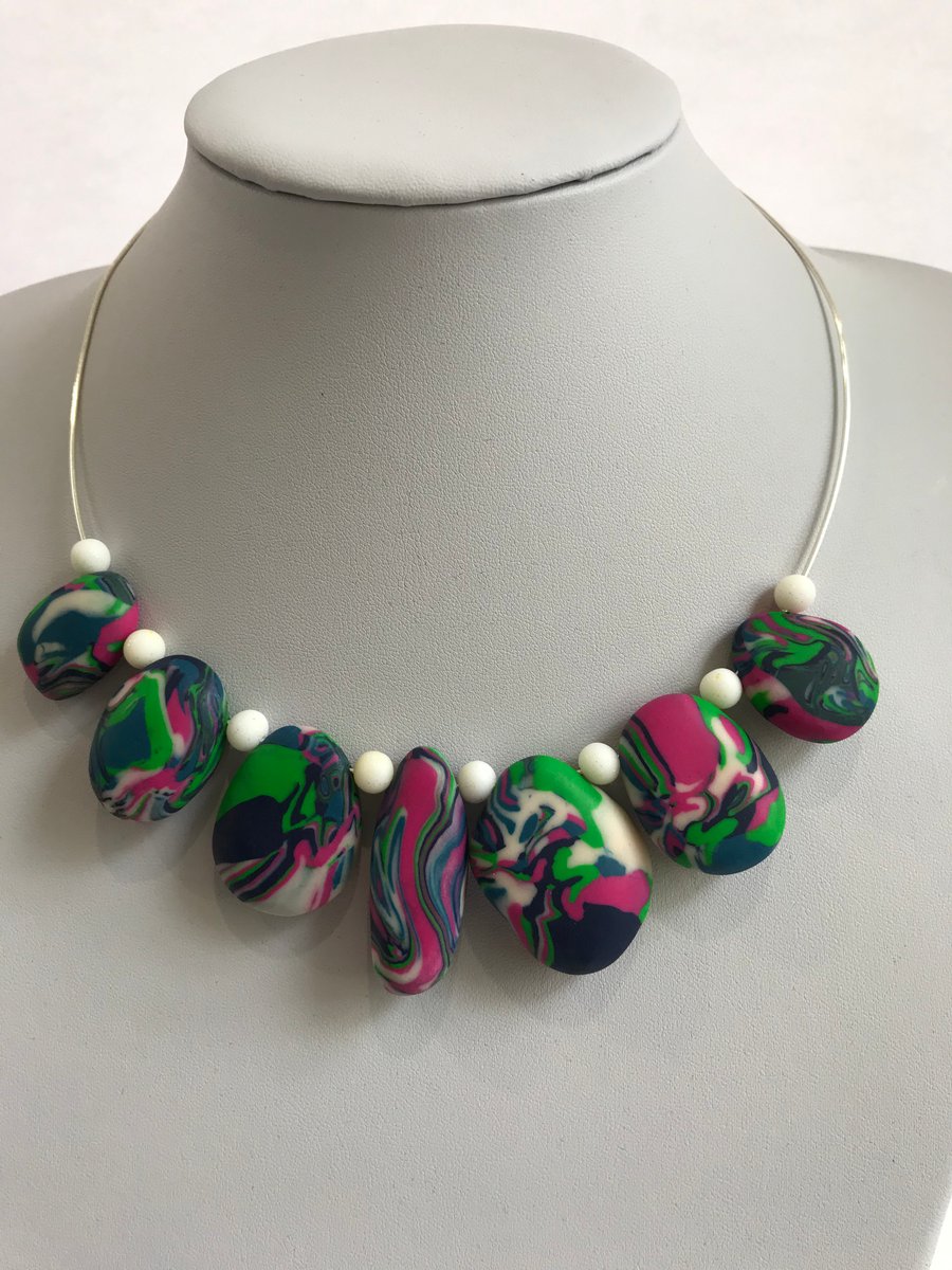 Blue, Teal, Hot Pink & Apple Green, Polymer Clay Pebbles Beaded on Wire Necklace