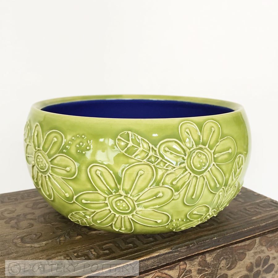 Green ceramic pot pottery bowl beautiful raised pattern plant pot cactus 