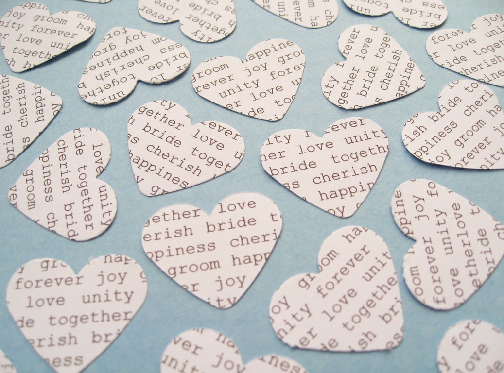 White Wedding Wording Heart Confetti, Wedding Decor, Bridal Shower, Engagement