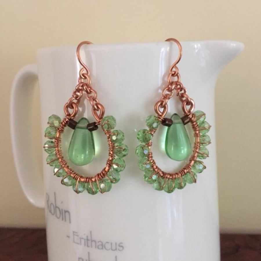 Pale green crystal wire wrapped copper earrings