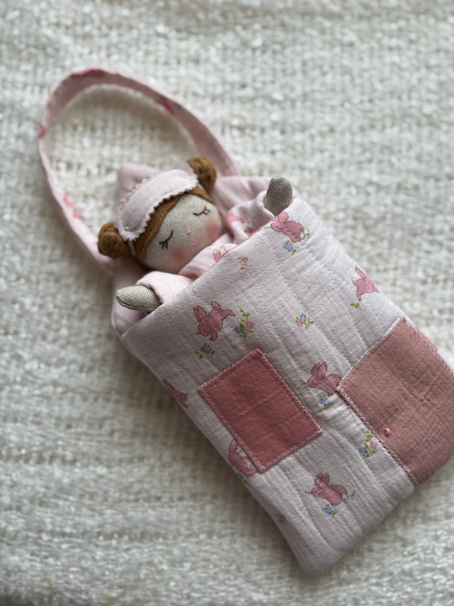 Handmade dolls house bag & mini rag doll with outfits 