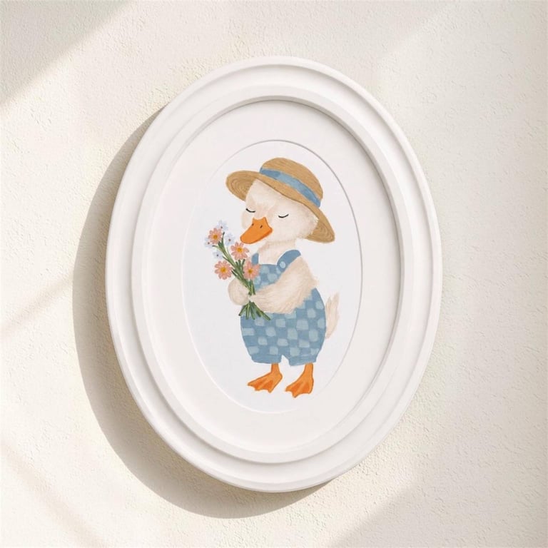 Hand-Painted Duck Wall Art, Frame Oval Acrylic Duck Holding Flower Nursery Decor