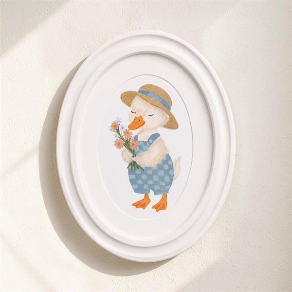 Hand-Painted Duck Wall Art, Frame Oval Acrylic Duck Holding Flower Nursery Decor