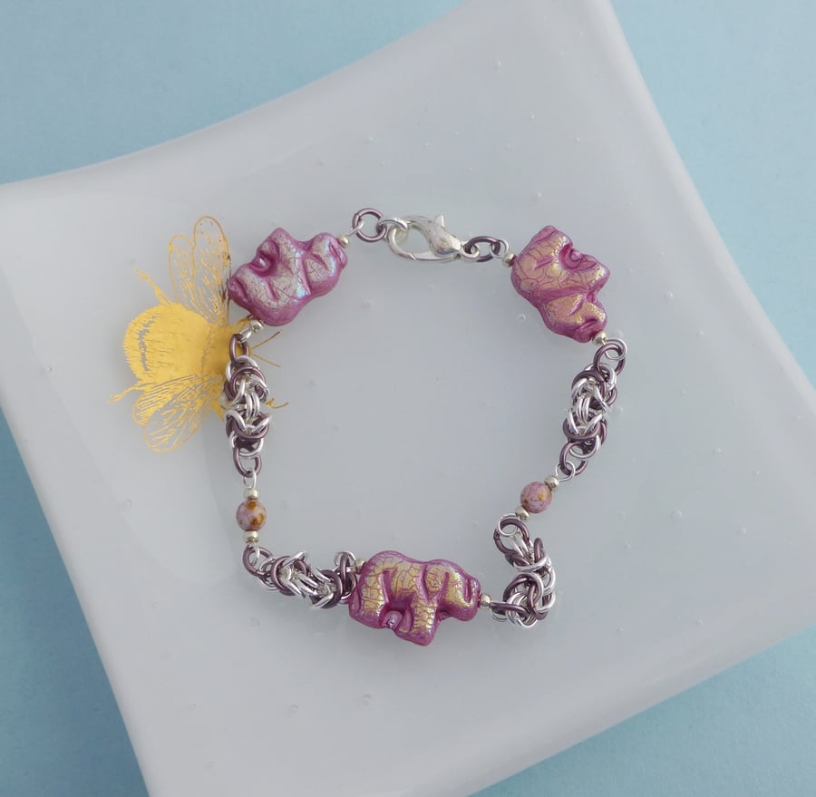 Pink Elephants Chainmaille Bracelet