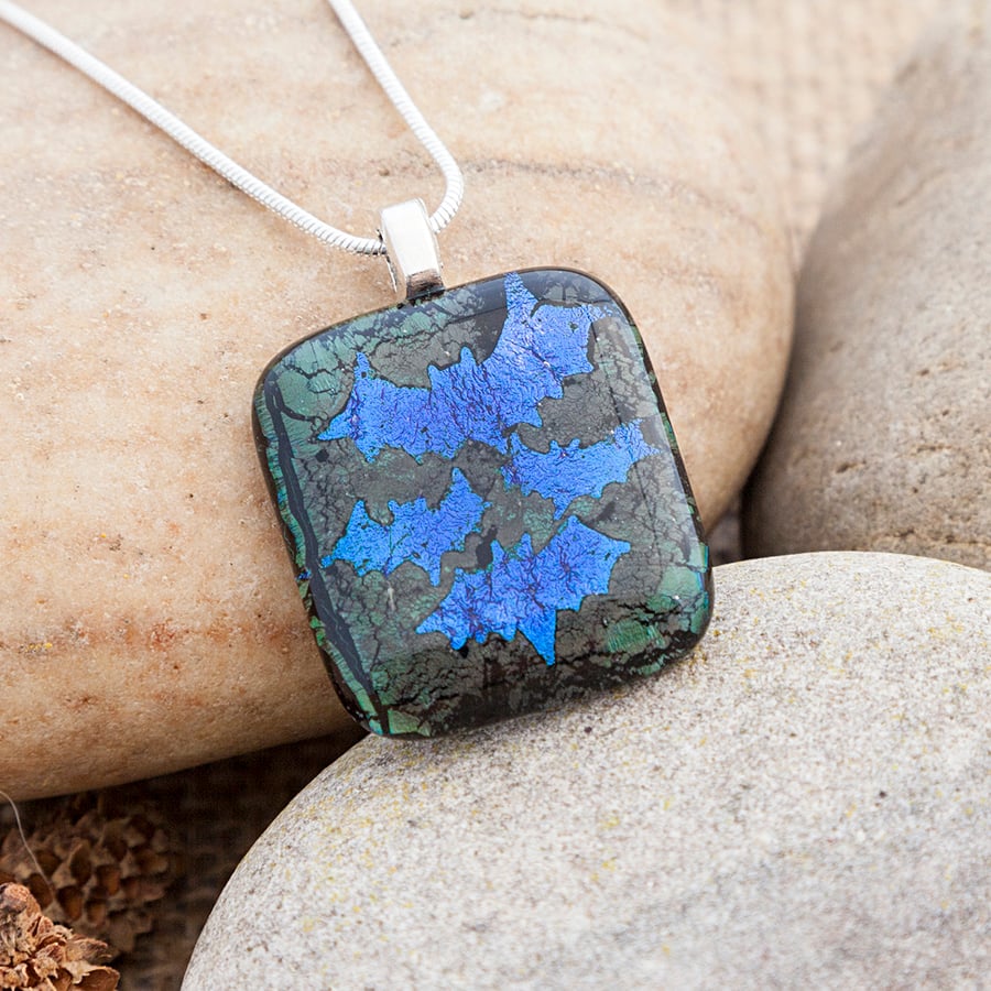Gothic Vampire Bats Etched Dichroic Fused Glass Halloween Pendant